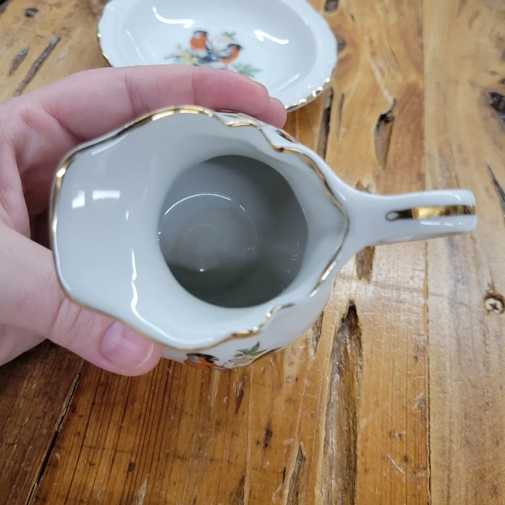 Vintage Porcelain Small Pitcher Jug & Basin Dish‎ Set Birds Orioles Gold Trim